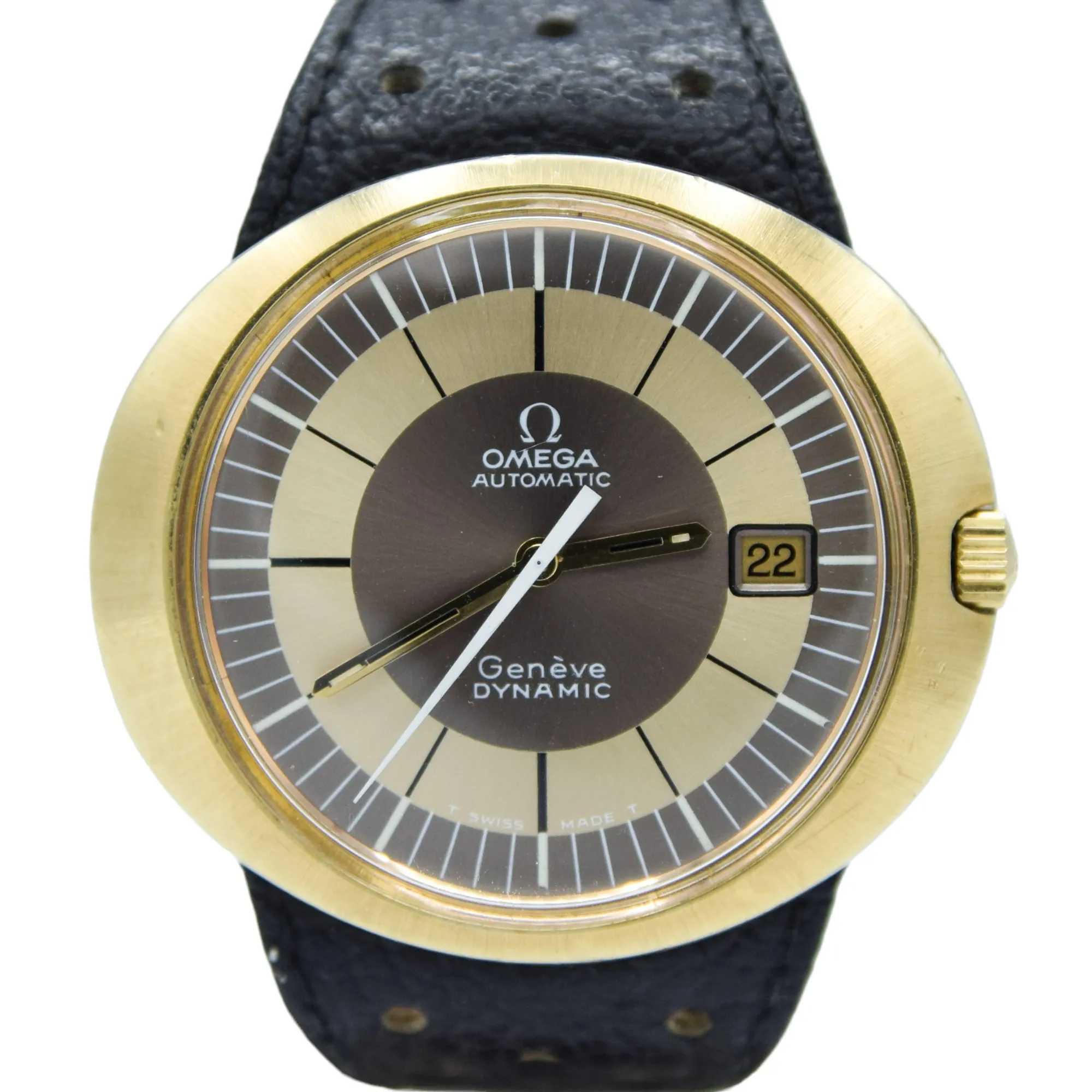 1970 Omega Geneve Dynamic Automatic Date with Gorgeous Two Tone Dial Model 166.039 in Gold Capped Case
