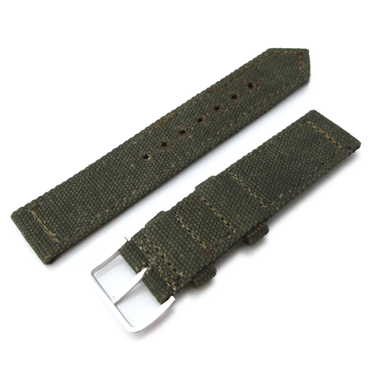 20mm, 21mm or 22mm MiLTAT WW2 2-piece Military Green Washed Canvas Armband with lockstitch round hole, Polished