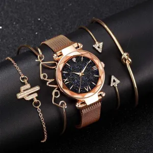 5pcs Set Luxury  Magnetic Starry Sky  Female Clock Quartz Wristwatch
