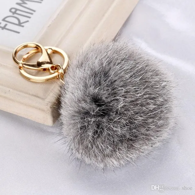 8CM Cute violet mint green pink Genuine Leather Rabbit fur ball keychain Car key ring Bag Pendant fur pom pom keychain