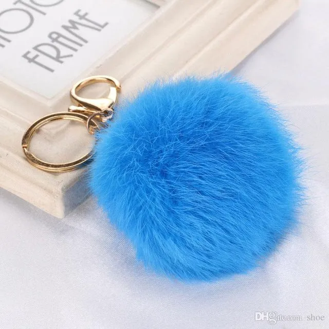 8CM Cute violet mint green pink Genuine Leather Rabbit fur ball keychain Car key ring Bag Pendant fur pom pom keychain