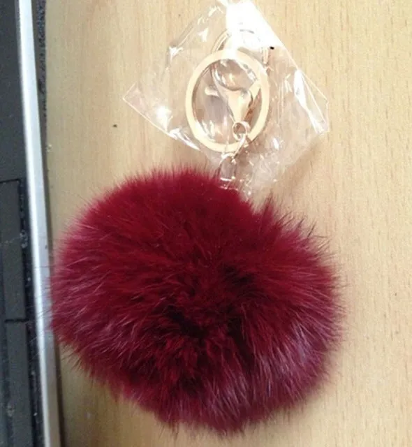8CM Cute violet mint green pink Genuine Leather Rabbit fur ball keychain Car key ring Bag Pendant fur pom pom keychain