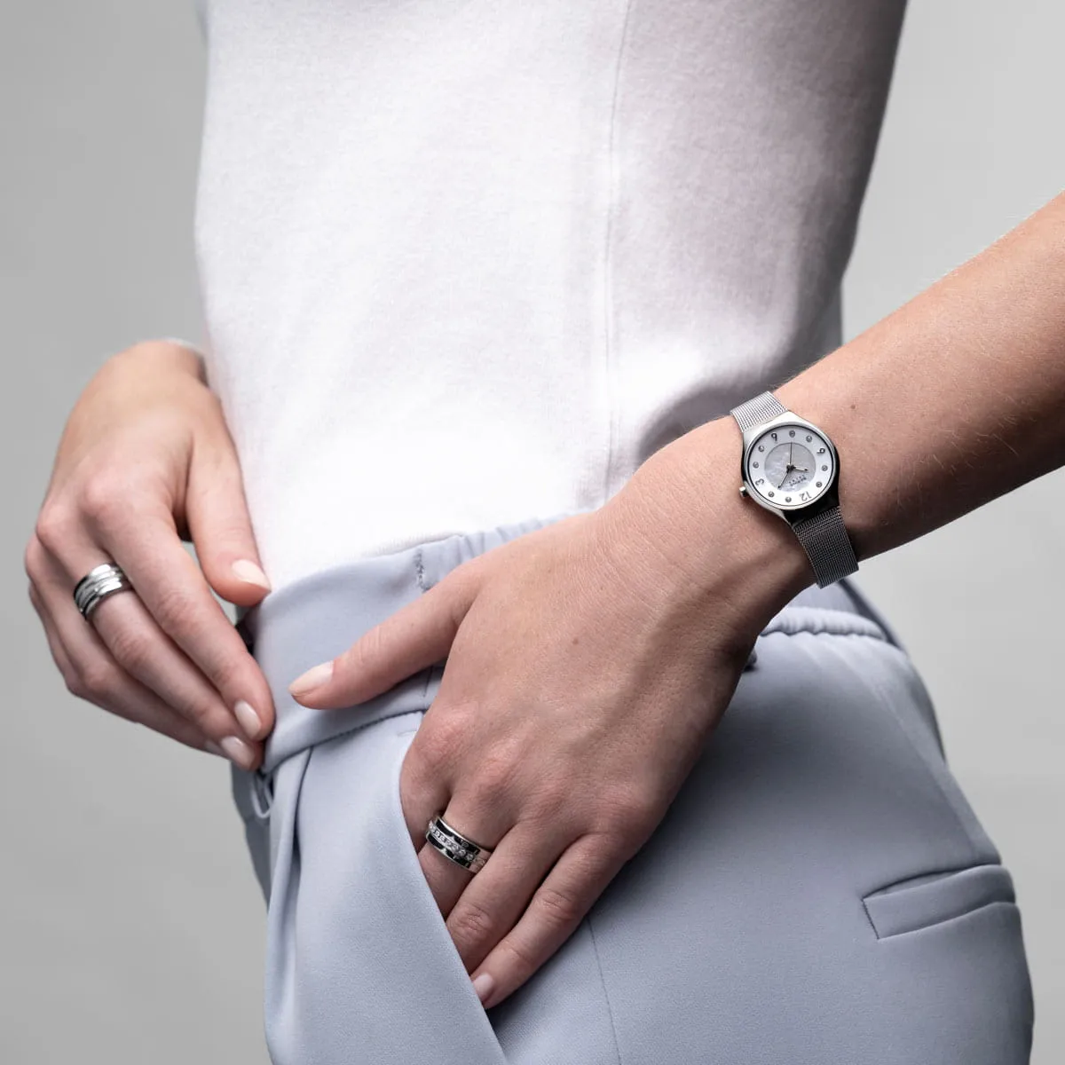 Bering Solar Stainless Steel Mesh Slim Ladies Watch