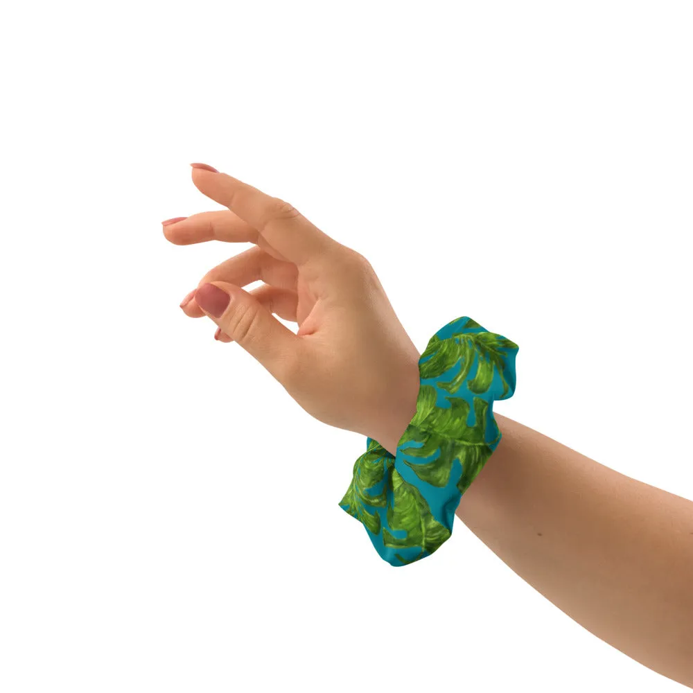 Blue Tropical Leaf Scrunchie, Hawaiian Style Tropical Leaves Print Hair Tie Accessories - Made in  USA/EU