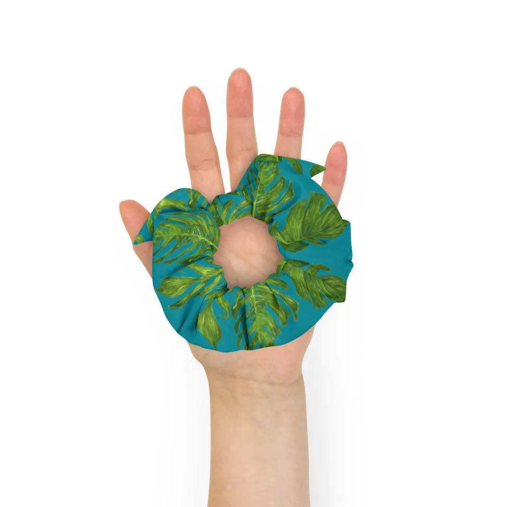 Blue Tropical Leaf Scrunchie, Hawaiian Style Tropical Leaves Print Hair Tie Accessories - Made in  USA/EU