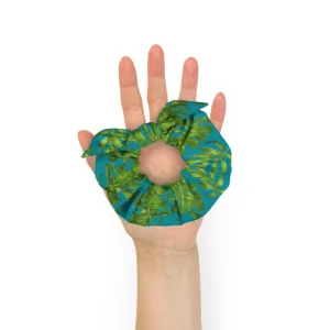 Blue Tropical Leaf Scrunchie, Hawaiian Style Tropical Leaves Print Hair Tie Accessories - Made in  USA/EU