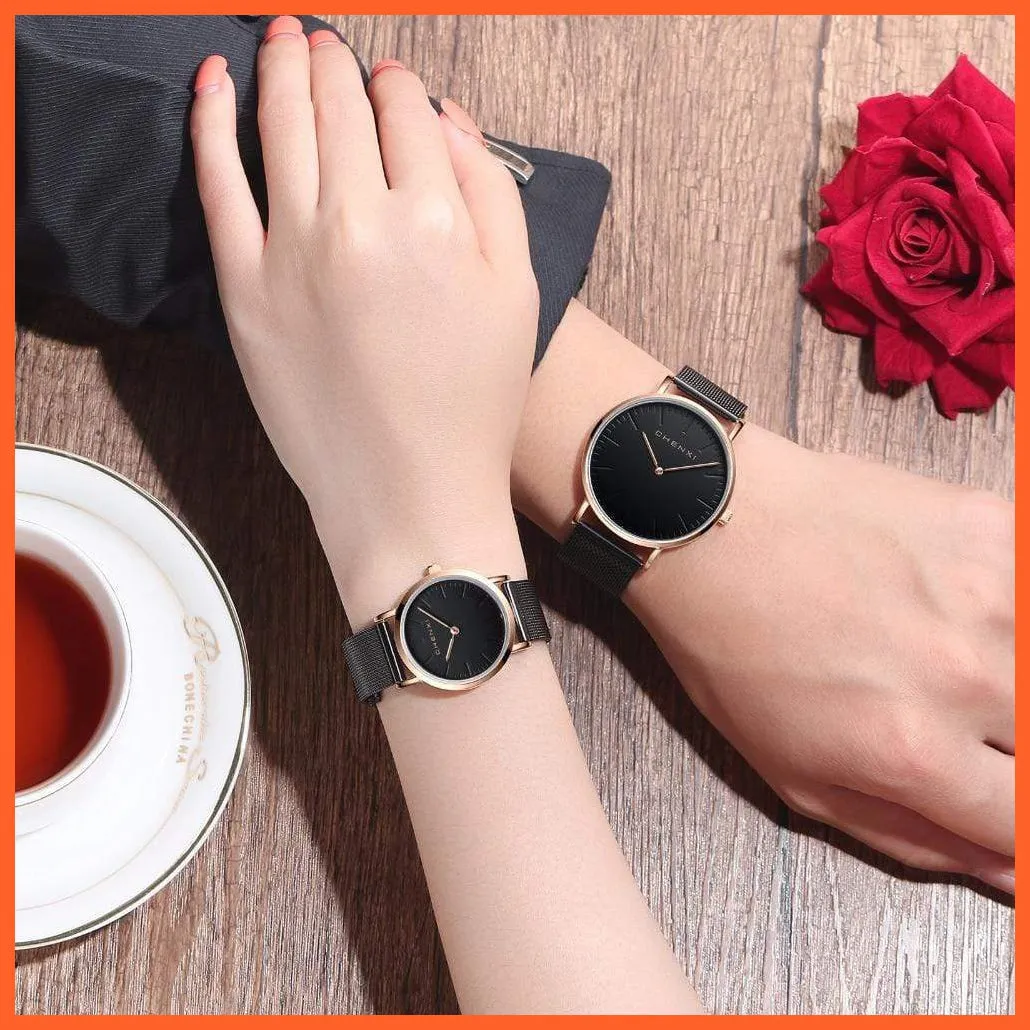 Brand Casual Fashion Couples Wristwatches | Women Quartz Stainless Steel Watch Mens Casual Mesh Strap Ultra Thin Watches