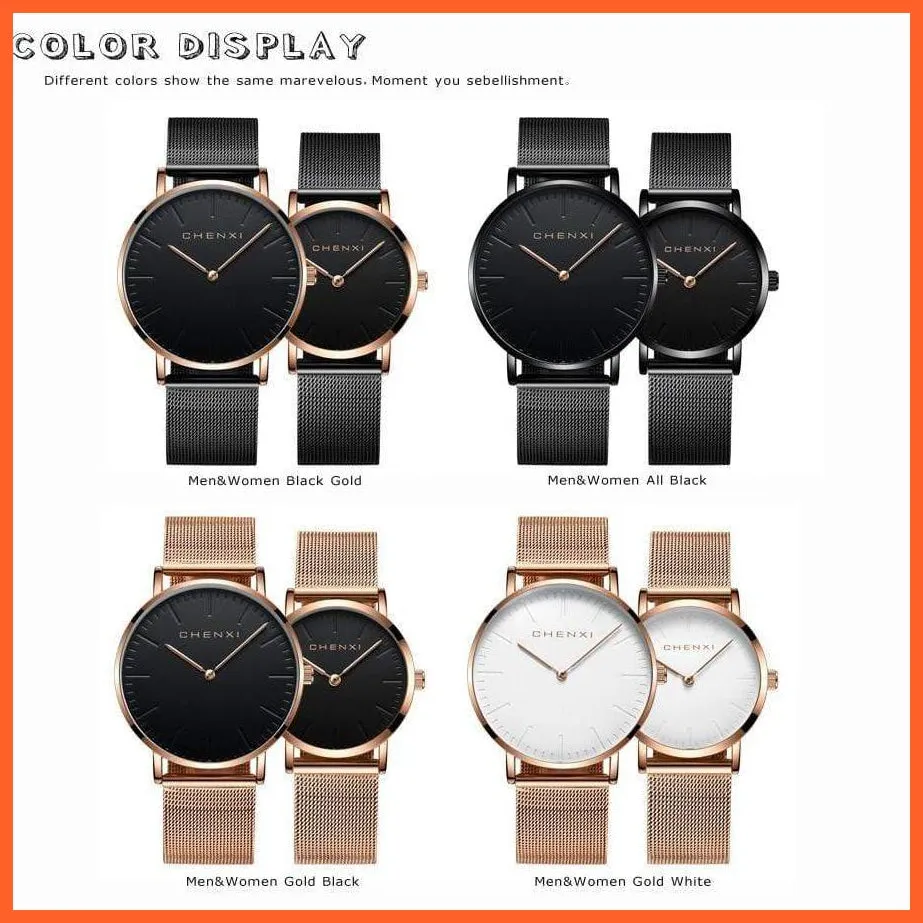 Brand Casual Fashion Couples Wristwatches | Women Quartz Stainless Steel Watch Mens Casual Mesh Strap Ultra Thin Watches