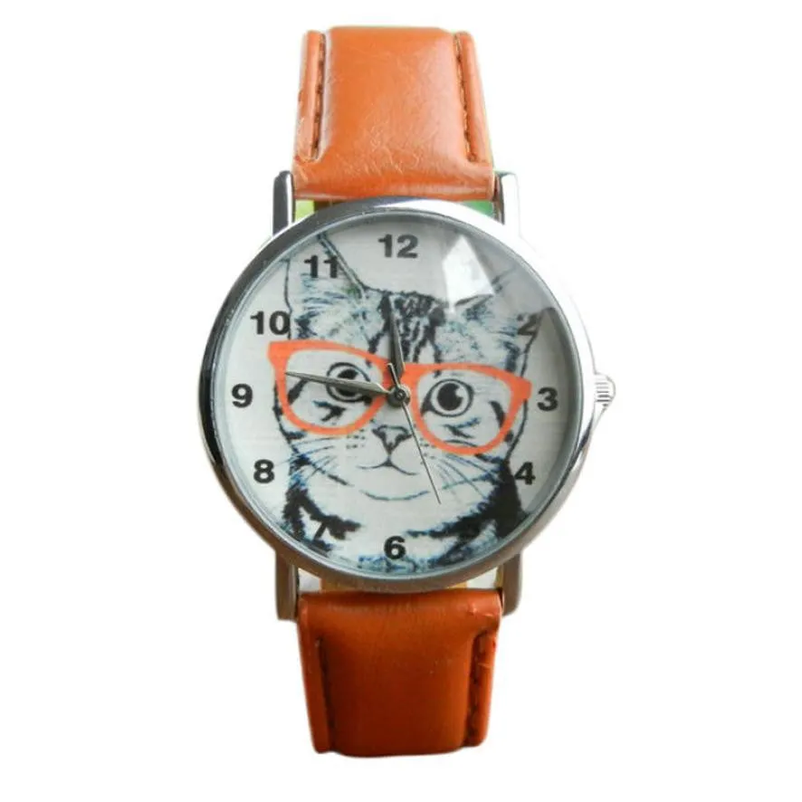 Cute Cat Pattern Watch Women Girl Leather Band Analog Quartz WristWatch