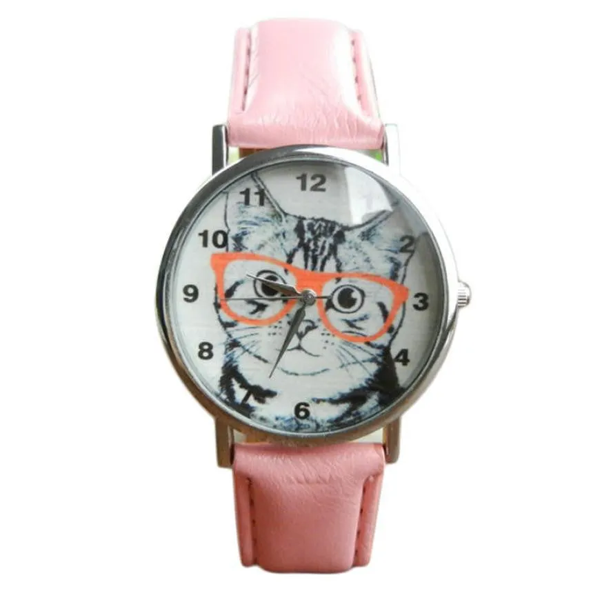 Cute Cat Pattern Watch Women Girl Leather Band Analog Quartz WristWatch