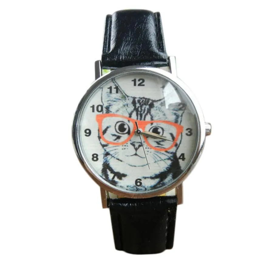 Cute Cat Pattern Watch Women Girl Leather Band Analog Quartz WristWatch