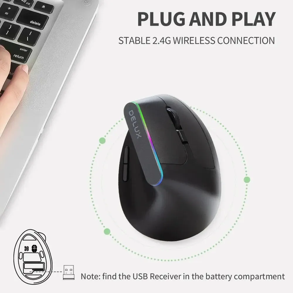 Delux M618c Wireless Gaming Mouse Rgb Ergonomic 6 Buttons 1600 Dpi Usb Receiver