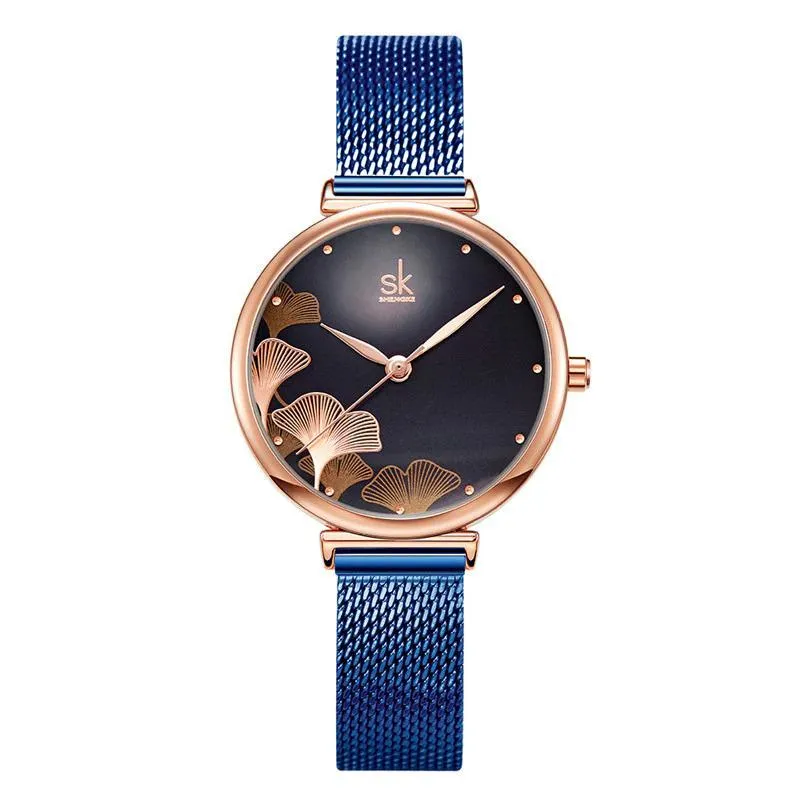 Elegant Flower Dial with Stainless Steel Mesh Band Quartz Watch