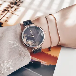 Elegant Flower Dial with Stainless Steel Mesh Band Quartz Watch