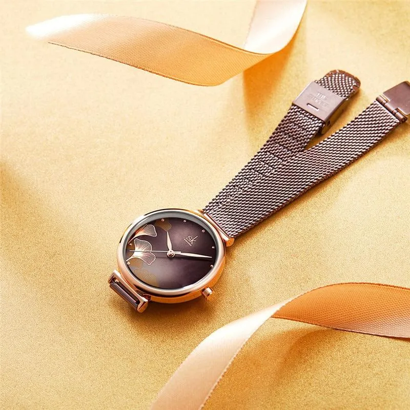 Elegant Flower Dial with Stainless Steel Mesh Band Quartz Watch