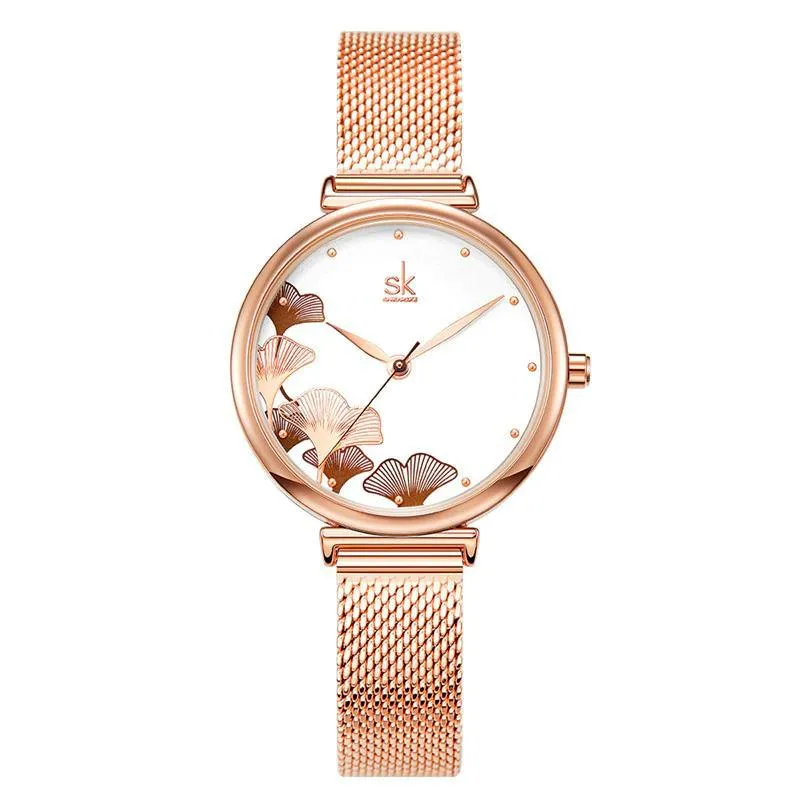 Elegant Flower Dial with Stainless Steel Mesh Band Quartz Watch
