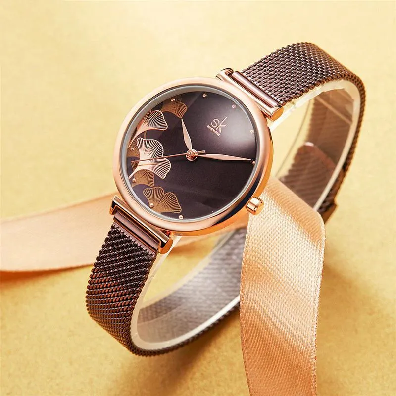 Elegant Flower Dial with Stainless Steel Mesh Band Quartz Watch