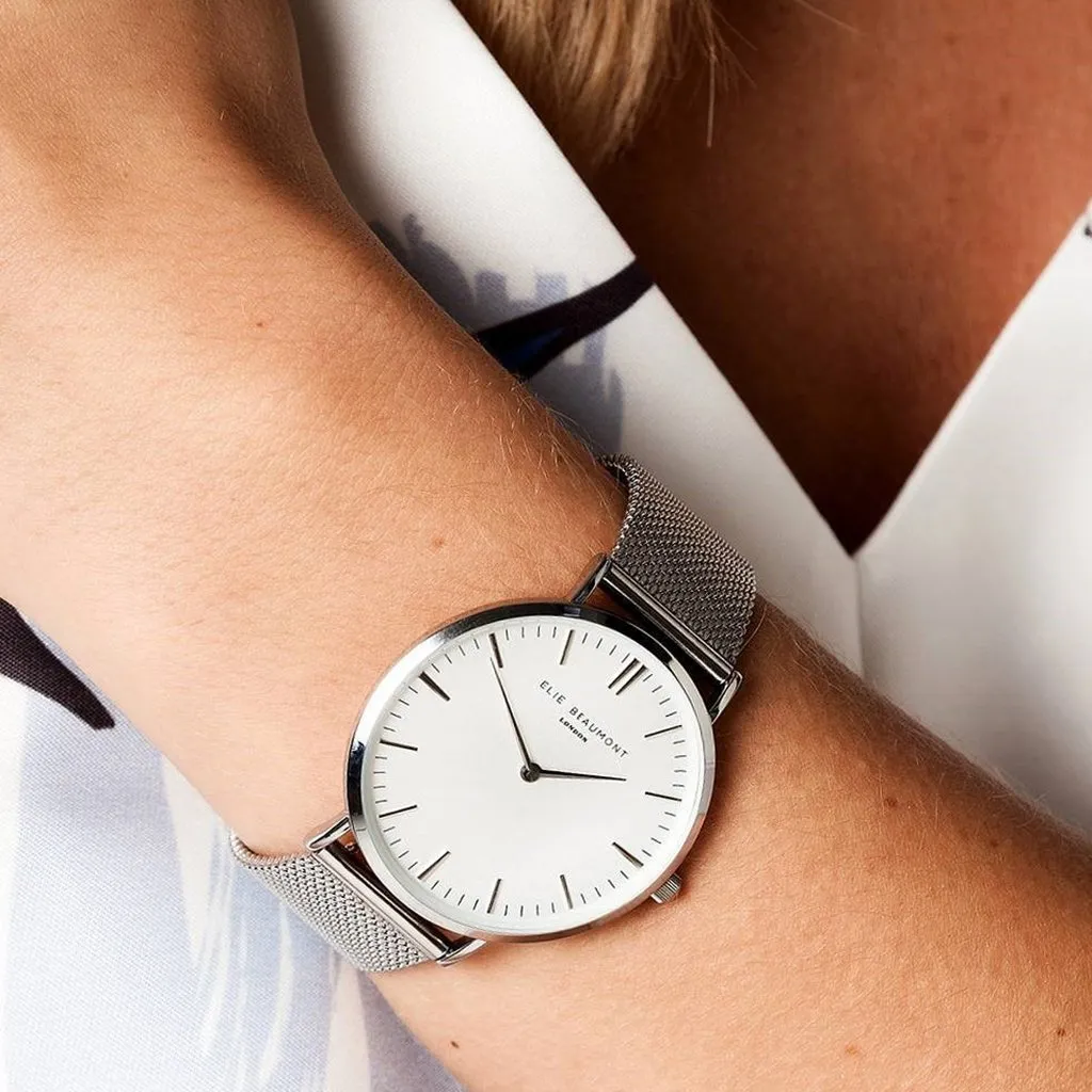 Elie Beaumont Oxford Large Silver Mesh Watch