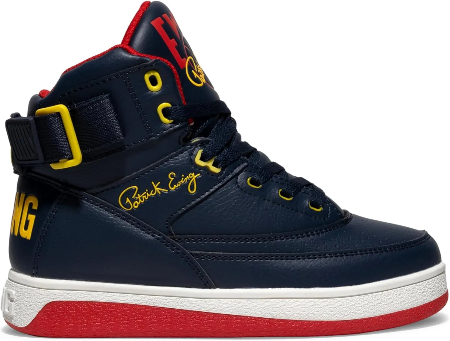 Ewing PATRICK ATHLETICS WOMEN'S 33 HI ORION Retro Sneaker  Navy/Red/Yellow/White  Vegan Upper, Reversible Ankle Strap, Full-Length Rubber Cupsole