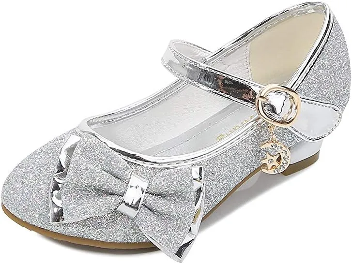 Girl Mary Jane High Heels Formal Dress Banquet Wedding Bow Glittering Princess Shoes