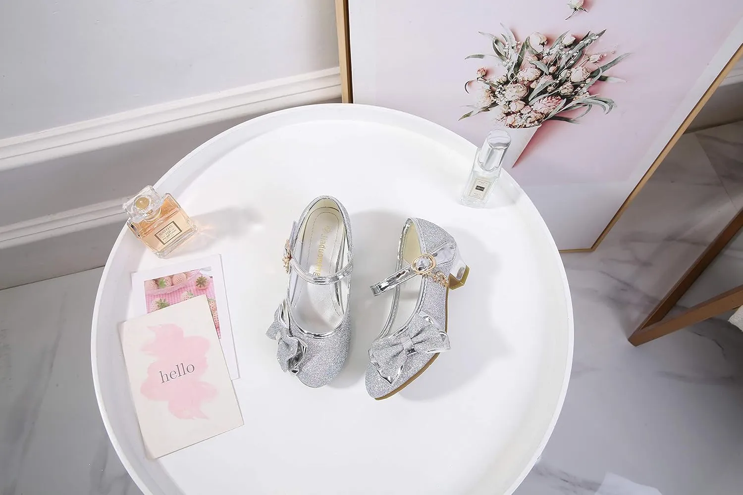 Girl Mary Jane High Heels Formal Dress Banquet Wedding Bow Glittering Princess Shoes