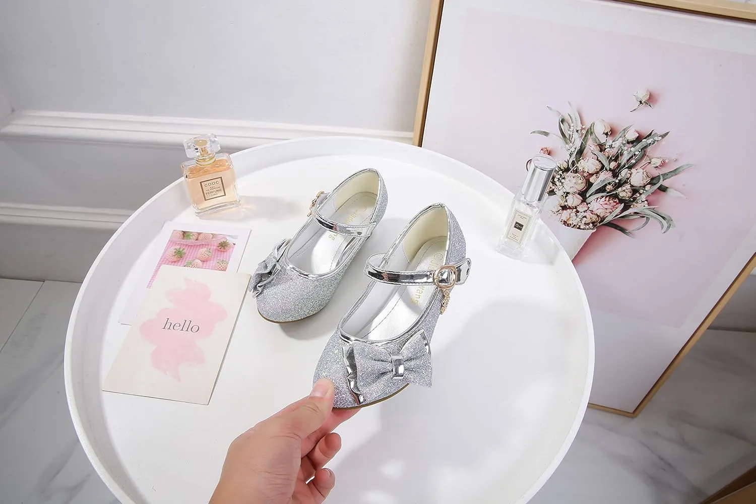 Girl Mary Jane High Heels Formal Dress Banquet Wedding Bow Glittering Princess Shoes