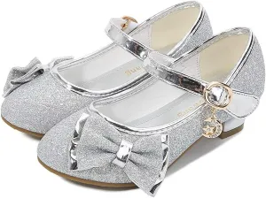 Girl Mary Jane High Heels Formal Dress Banquet Wedding Bow Glittering Princess Shoes