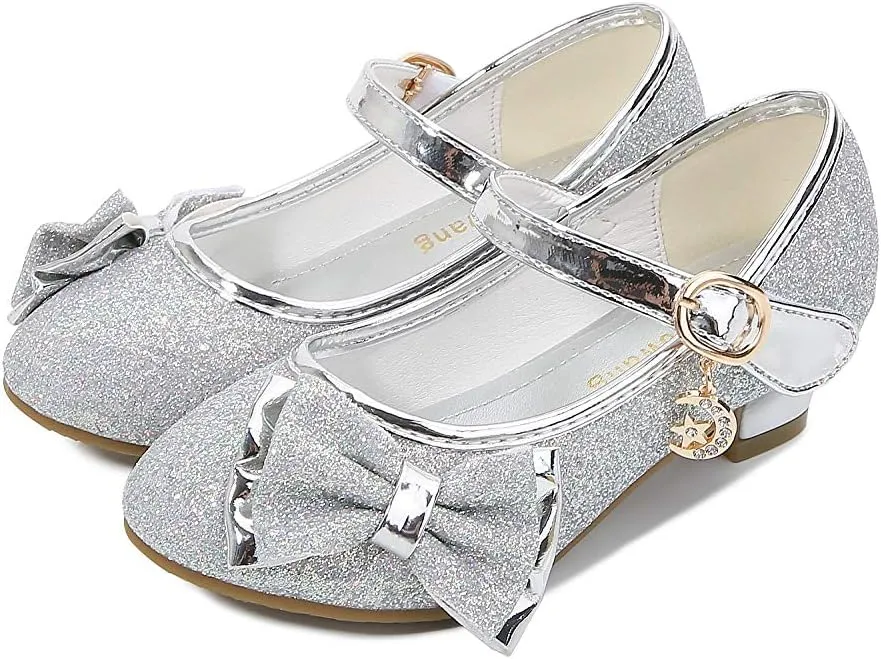 Girl Mary Jane High Heels Formal Dress Banquet Wedding Bow Glittering Princess Shoes