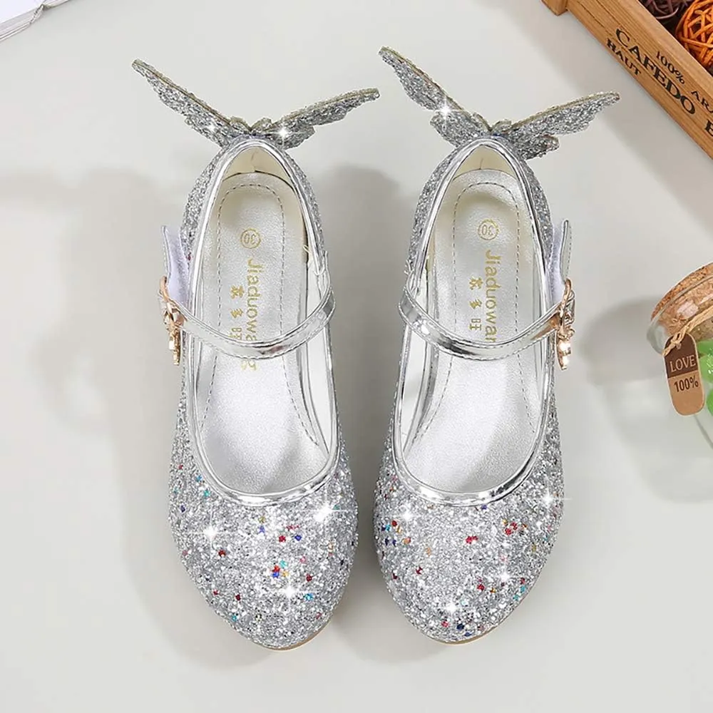 Girls Dress Shoes Wedding Party High Heel Mary Jane Sequined Heel Bow Princess Shoes