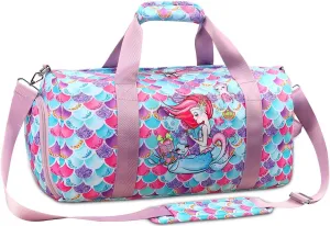 Gym Travel Duffle Bag for Girls - Gymnastics Sports Dance Bag with Shoe Compartment & Wet Pocket Mermaid Kids Travel Bag Teens Weekender Sleepover Carry On Bag