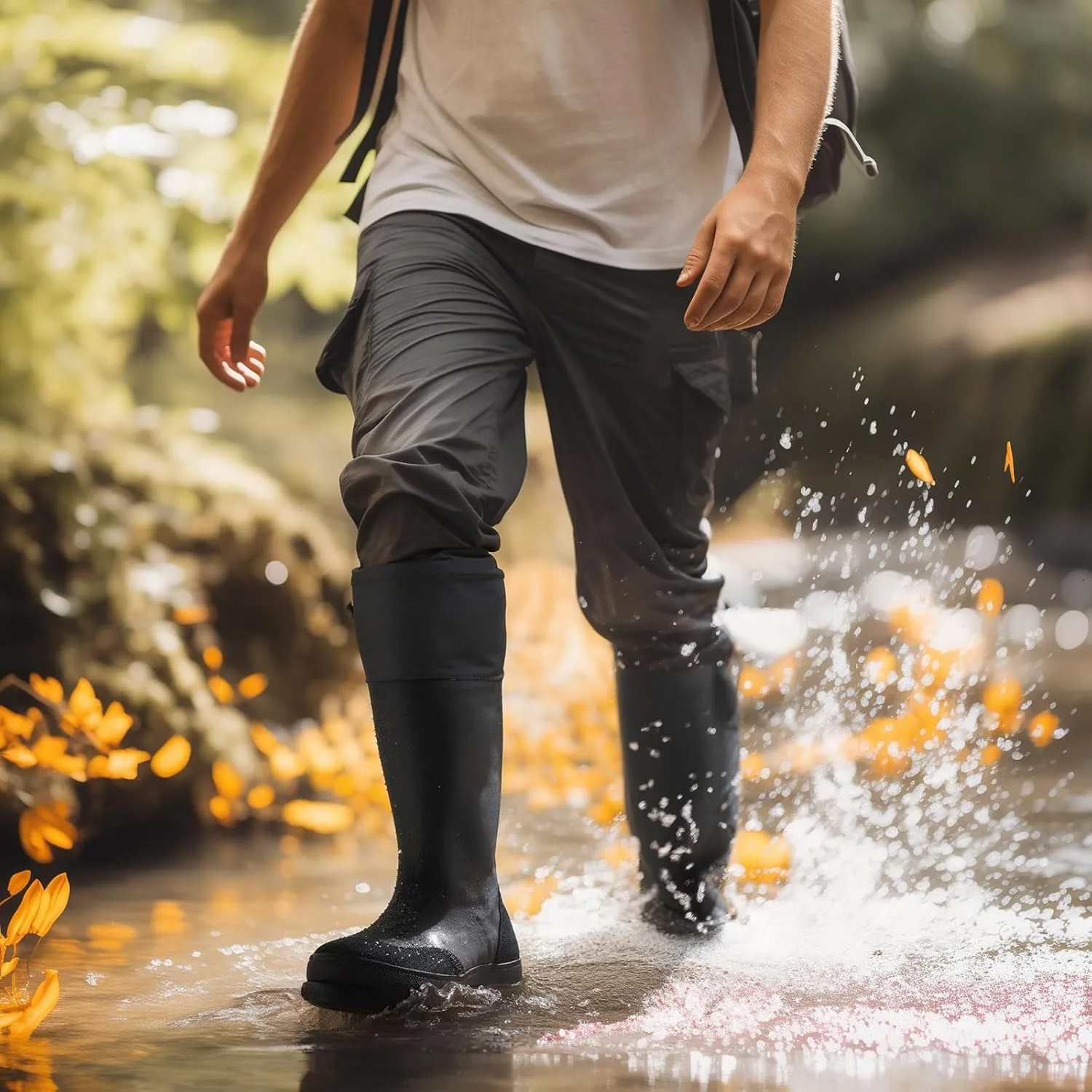 HISEA Classic Mens Rainboot Neoprene Rubber Rain Boots for Men Waterproof with Adjustable Closure