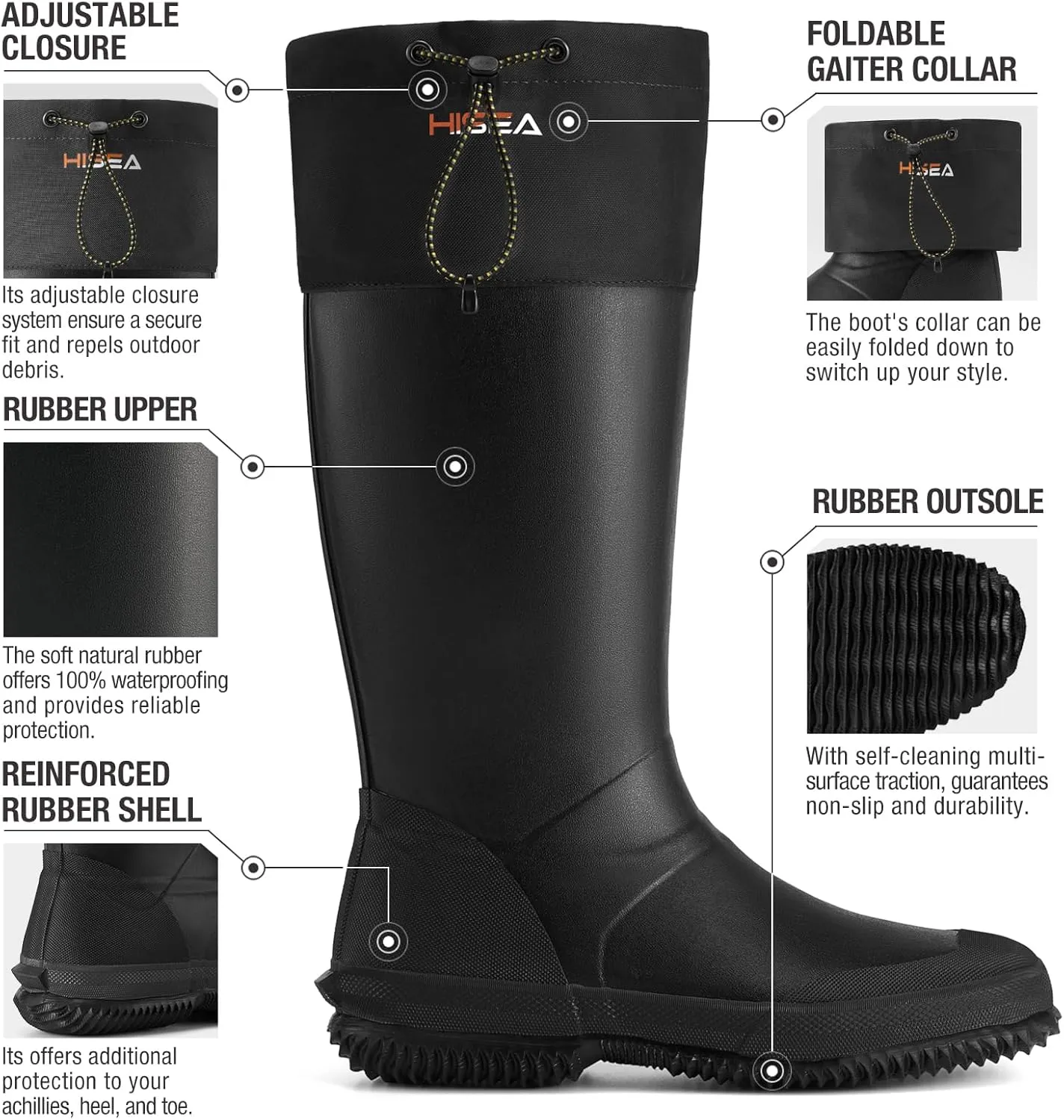 HISEA Classic Mens Rainboot Neoprene Rubber Rain Boots for Men Waterproof with Adjustable Closure