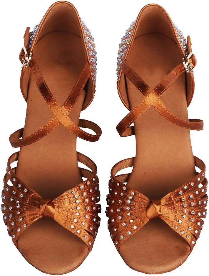 HROYL Women Latin Dance Shoes with Knot Rhinestones Salsa Bachata Cha Cha Ballroom Performence Dancing Shoes AF459