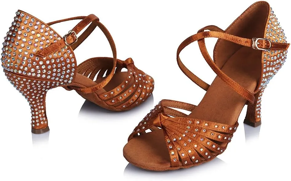 HROYL Women Latin Dance Shoes with Knot Rhinestones Salsa Bachata Cha Cha Ballroom Performence Dancing Shoes AF459