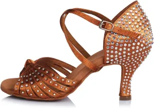HROYL Women Latin Dance Shoes with Knot Rhinestones Salsa Bachata Cha Cha Ballroom Performence Dancing Shoes AF459