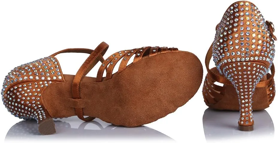 HROYL Women Latin Dance Shoes with Knot Rhinestones Salsa Bachata Cha Cha Ballroom Performence Dancing Shoes AF459