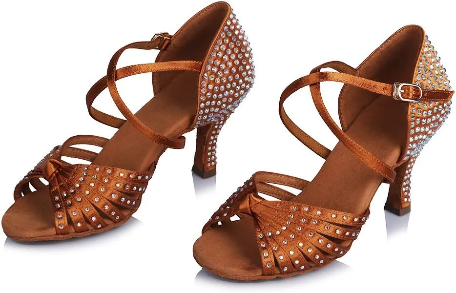HROYL Women Latin Dance Shoes with Knot Rhinestones Salsa Bachata Cha Cha Ballroom Performence Dancing Shoes AF459