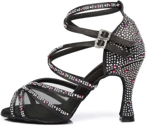 HROYL Women Latin Dance Shoes with Mesh Rhinestone Salsa Performence Practice Ballroom Dancing Heels,YCL373508