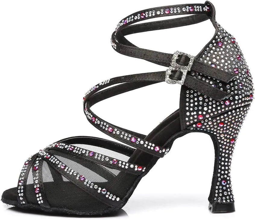 HROYL Women Latin Dance Shoes with Mesh Rhinestone Salsa Performence Practice Ballroom Dancing Heels,YCL373508