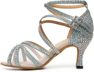 HROYL Women Latin Dance Shoes with Mesh Rhinestone Salsa Performence Practice Ballroom Dancing Heels,YCL373508