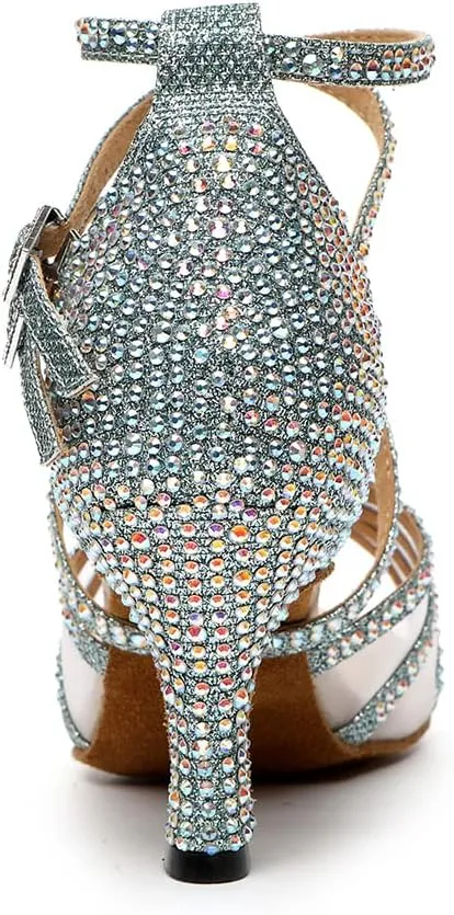 HROYL Women Latin Dance Shoes with Mesh Rhinestone Salsa Performence Practice Ballroom Dancing Heels,YCL373508