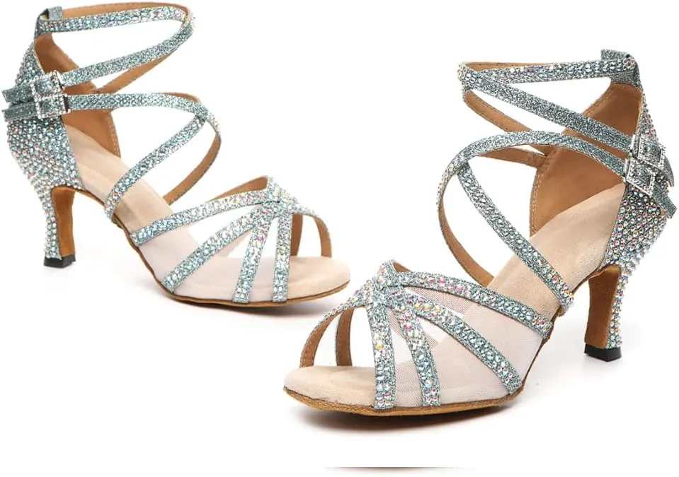 HROYL Women Latin Dance Shoes with Mesh Rhinestone Salsa Performence Practice Ballroom Dancing Heels,YCL373508