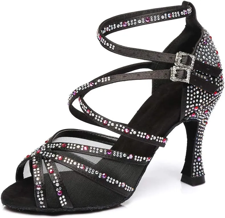 HROYL Women Latin Dance Shoes with Mesh Rhinestone Salsa Performence Practice Ballroom Dancing Heels,YCL373508