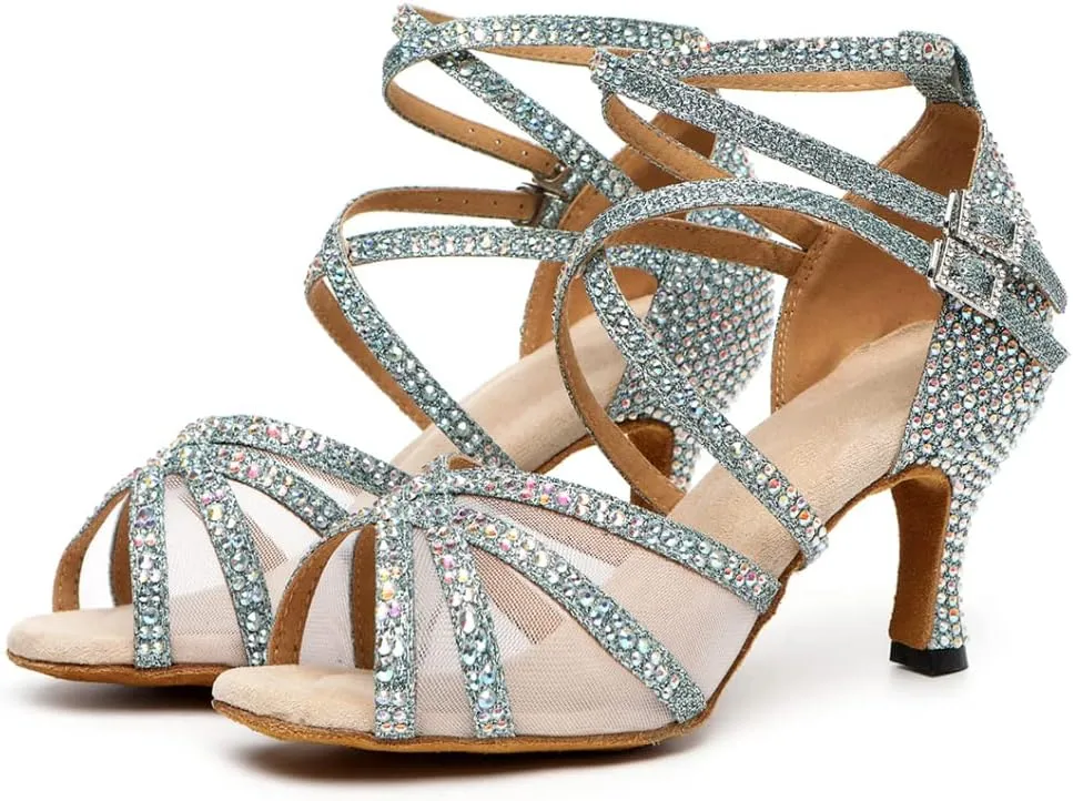 HROYL Women Latin Dance Shoes with Mesh Rhinestone Salsa Performence Practice Ballroom Dancing Heels,YCL373508