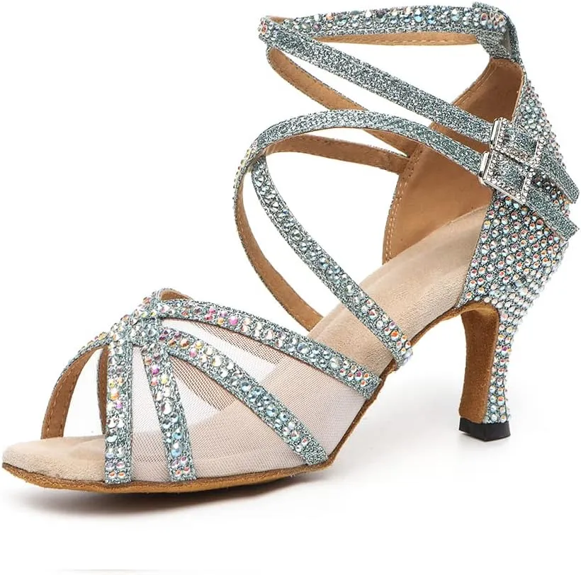 HROYL Women Latin Dance Shoes with Mesh Rhinestone Salsa Performence Practice Ballroom Dancing Heels,YCL373508