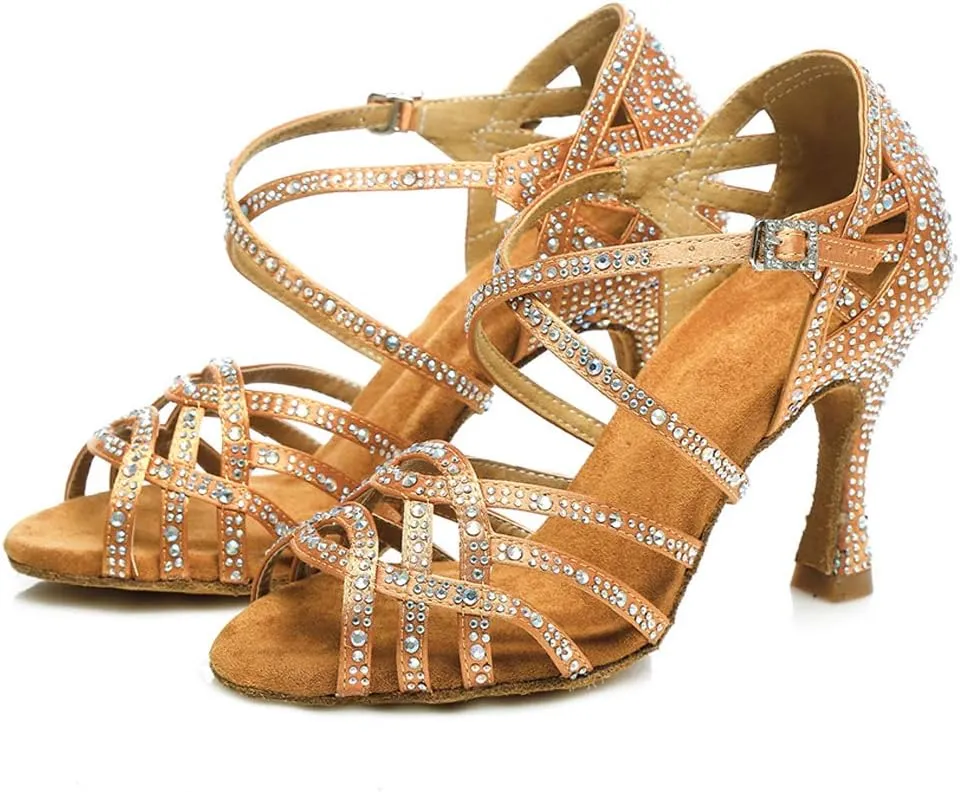 HROYL Women Rhinestone Ballroom Dance Shoes Latin Salsa Practice Performance Dance Shoes YCL357