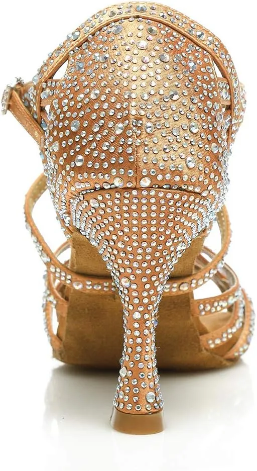 HROYL Women Rhinestone Ballroom Dance Shoes Latin Salsa Practice Performance Dance Shoes YCL357