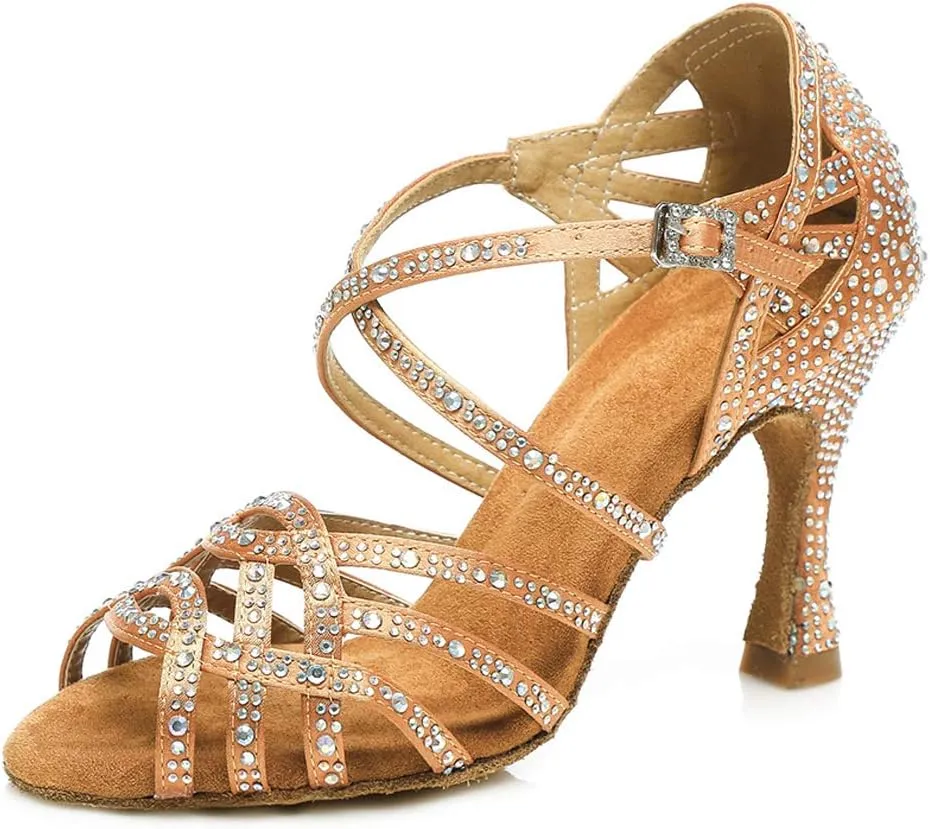 HROYL Women Rhinestone Ballroom Dance Shoes Latin Salsa Practice Performance Dance Shoes YCL357