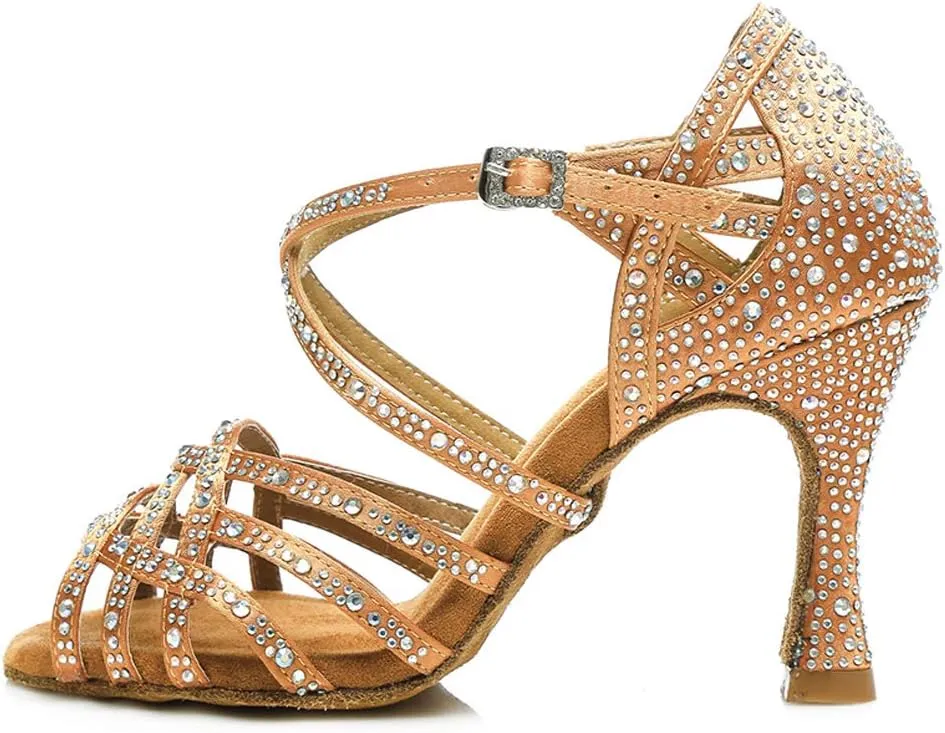 HROYL Women Rhinestone Ballroom Dance Shoes Latin Salsa Practice Performance Dance Shoes YCL357