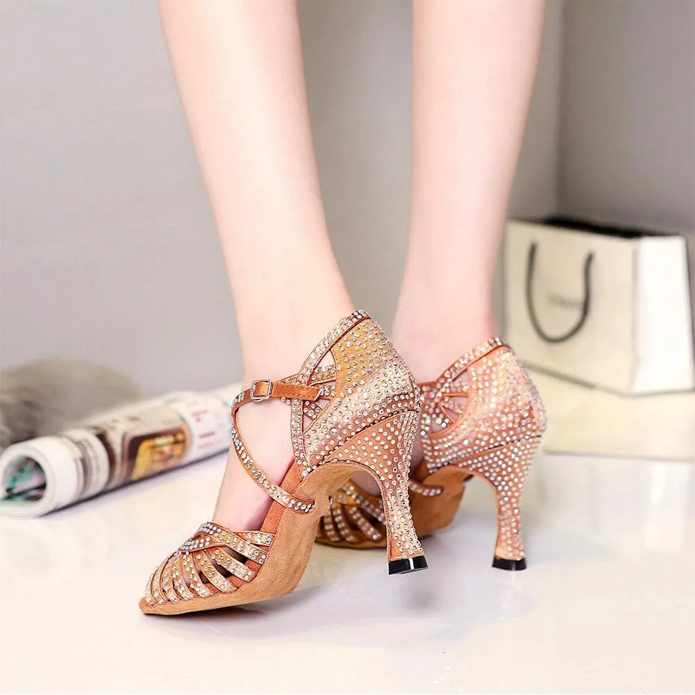 HROYL Women Rhinestone Ballroom Dance Shoes Latin Salsa Practice Performance Dance Shoes YCL380
